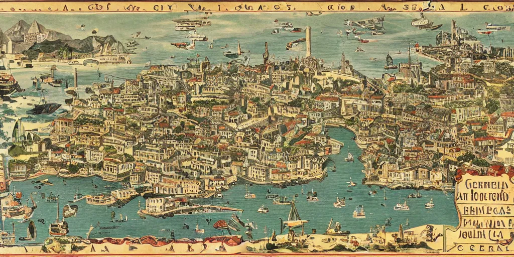 Image similar to map of the city of genoa medieval vintage great looking with sea monsters