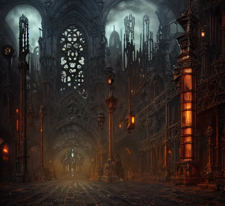 Image similar to steam necropolis, memento mori, gothic, neo - gothic, art nouveau, hyperdetailed copper patina medieval icon, stefan morrell, philippe druillet, ralph mcquarrie, concept art, steampunk, unreal engine, detailed intricate environment, octane render, moody atmospherics, volumetric lighting, ultrasharp, ominous, otherworldly