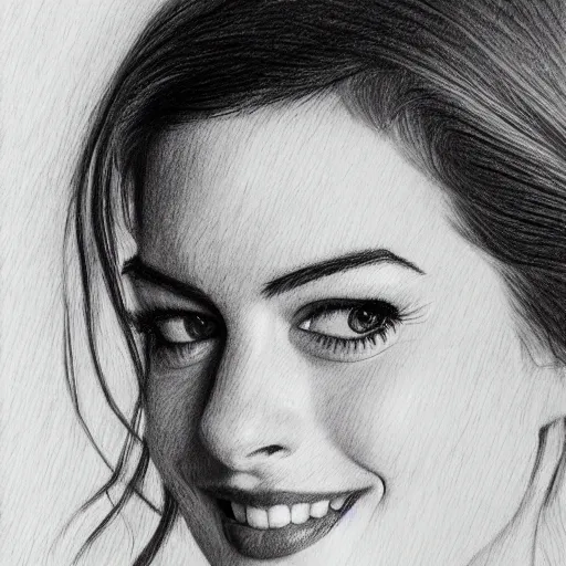 Prompt: a pencil sketch of anne hathaway