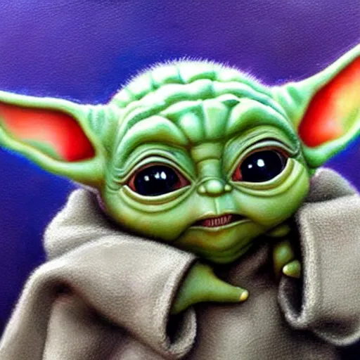 Image similar to Baby yoda, very cute, accurate, hyperdetailed, intricate detail, insanely detailed and intricate, edge to edge, solid color background intricate, highly detailed, smooth, sharp focus, detailed, high contrast, full frame, oil painting