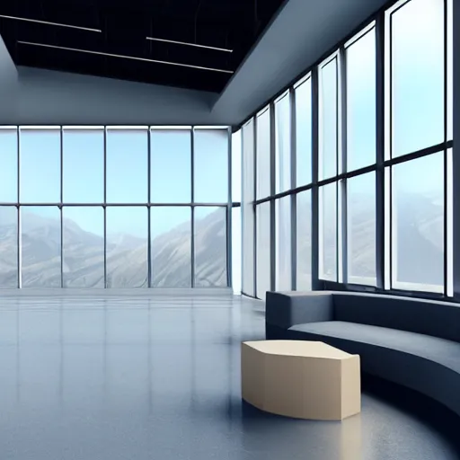 Image similar to large office on top of mountain, modern, well kept, bright, ethereal feel, volumetric lighting, godrays, warm light, high ceiling, table in the middle, office chair, couch, grand, curved windows around the wall, white concrete, plangs in wall, balcony outside, digital art, concept art, high detail,