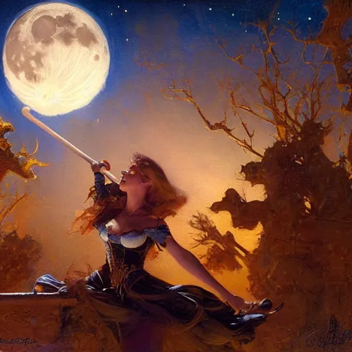 Prompt: witch flying riding a broom, trough the night, fantasy, full moon in background. highly detailed painting by gaston bussiere, craig mullins, j. c. leyendecker 8 k