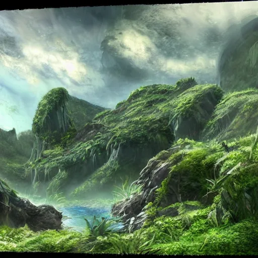 Image similar to epic concept art of a lush natural scene on an alien planet. very detailed. beautiful landscape. weird vegetation. cliffs and water. featured on deviantart.