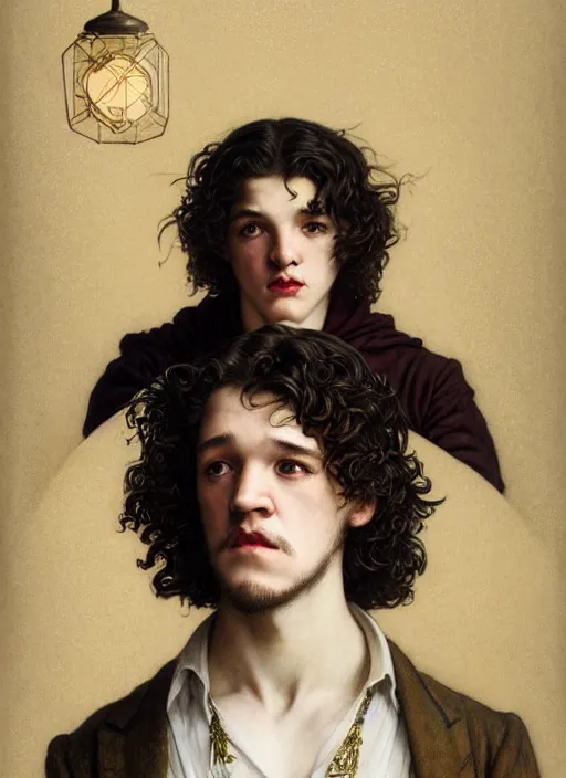 Image similar to edmund dulac, leyendecker, highly detailed portrait, a beautiful androgynous kit harrington, long hair, tall and thin, wearing several pendants, art nouveau, stephen bliss, unreal engine, by greg rutkowski, loish, ferdinand knab, ilya kuvshinov, rossdraws, tom bagshaw, alphonse mucha, global illumination, radiant light