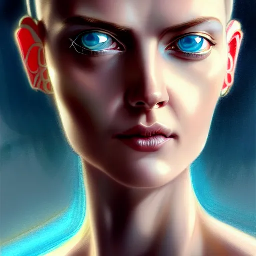 Image similar to woman with extremely large and intricate haircut with friendly blue eyes and slim features looking askance, eye cyberpunk bionics, retro futurist style, intricate, elegant gleaming jewelry, angelic halo, highly detailed, digital painting, artstation, concept art, smooth, sharp focus, illustration, art by wlop, mars ravelo and greg rutkowski,