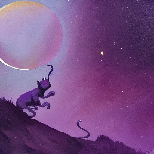 Image similar to closeup of a purple panther roaring at the moon in the forest. night. large moon in the center. cinematic. painting. concept art.