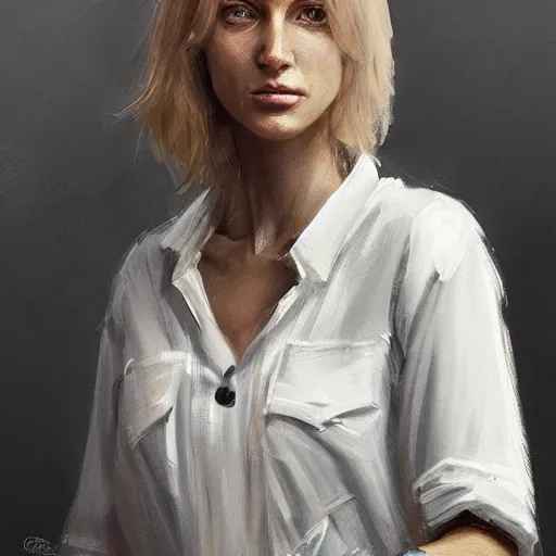 Prompt: Portrait of a woman by Greg Rutkowski, she is about 40 years old, pretty, blond hair with two strans around her face, slavic features, melancholic gaze, pretty aquiline nose, affectionate mom vibes, she is wearing a white and black utilitarian jumpsuit, highly detailed portrait, digital painting, artstation, concept art, smooth, sharp foccus ilustration, Artstation HQ.