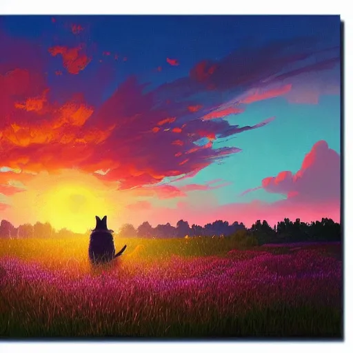 Image similar to a tiger watching a sunset, surreal photography, flower field, beautiful sunset on a summer day light, impressionist painting, colorful clouds, blue sky, digital painting, artstation, simon stalenhag