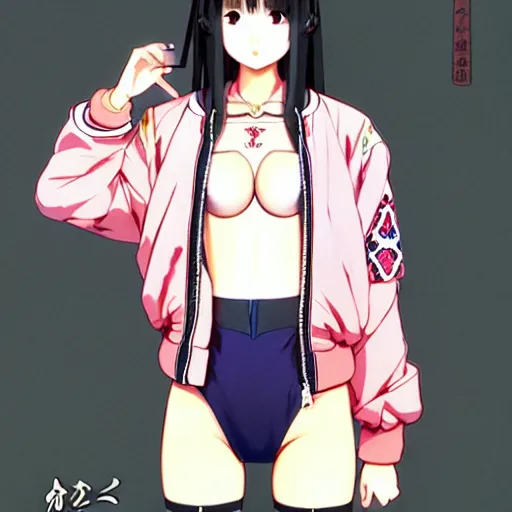 Image similar to a beautiful japanese lalisa alluring gravure model, wearing oversized designer bomber jacket and leotard, bulky poofy bomber jacket with mesoamerican patterns, mesoamerican native street fashion, gapmoe yandere grimdark, trending on pixiv fanbox, painted by greg rutkowski makoto shinkai takashi takeuchi studio ghibli, akihiko yoshida