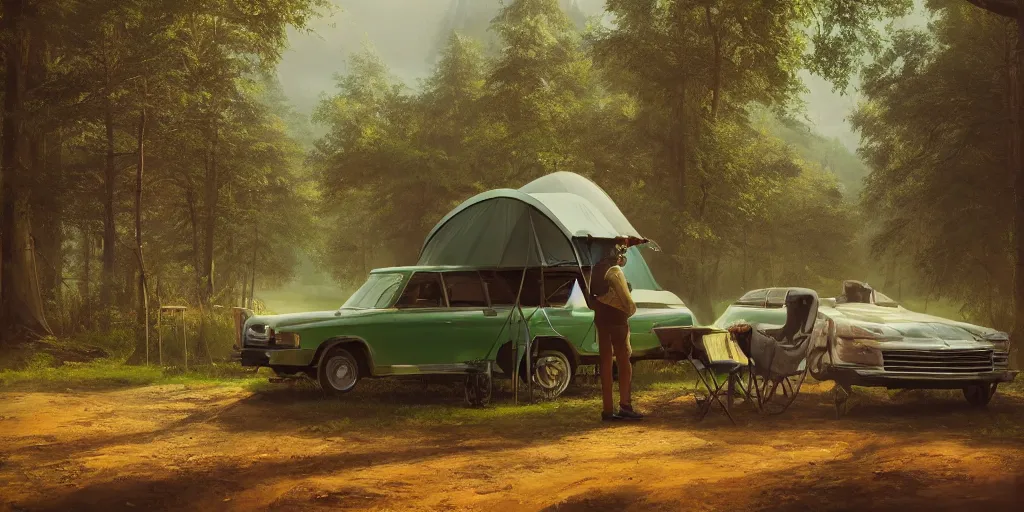 Image similar to knight camping next to green car, elegant scene, low angle, wide angle, indian forest, wide angle, cinematic, ultrarealistic, trending on artstation, cgsociety, highly detailed, color graded, rendered in unreal engine 4 k hq, matte painting, by simon stalenhag and hudson river school, horizon forbidden west