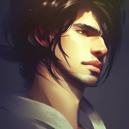 Image similar to Portrait of man with thick straight type hair and brown Peruvian-type skin, with angular face, atmospheric lighting, intricate detail, cgsociety, ambient light, dynamic lighting, anime style by Yusuke Kozaki