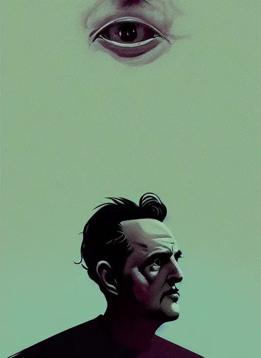 Image similar to poster artwork by Michael Whelan and Tomer Hanuka, Karol Bak of portrait of Terrence Malick, from scene from Twin Peaks, clean, simple illustration, nostalgic, domestic, full of details