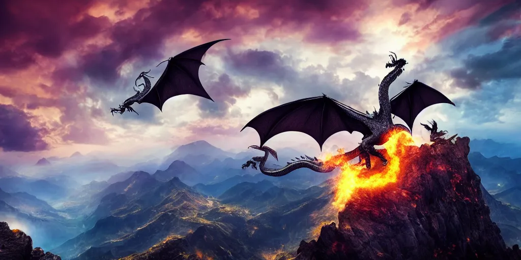 Image similar to One dragon with half open wings breathing fire on the top of a mountain, epic composition, detailed and intricate image, cinematic, 4K