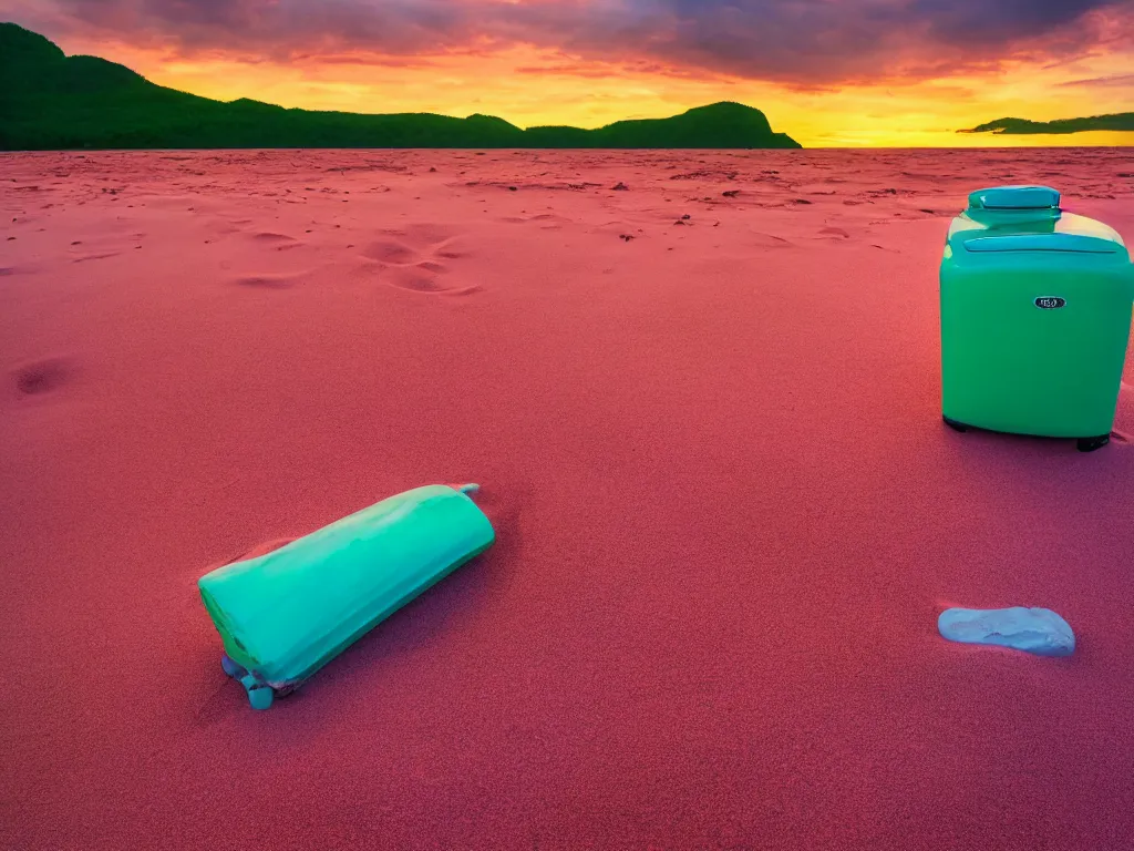 Image similar to purple refrigerator, red sand beach, green ocean, nebula sunset