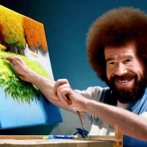 Image similar to a closeup photorealistic photograph of bob ross working on a canvas painting sonic the hedgehog. film still. mountain scape. brightly lit scene. this 4 k hd image is trending on artstation, featured on behance, well - rendered, extra crisp, features intricate detail, epic composition and the style of unreal engine.