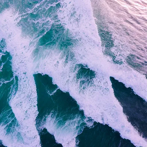 Image similar to waves hitting a cliff, beautiful ambient light, top down drone shot, 8k