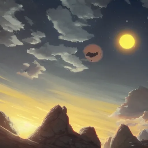 Image similar to concept art painting of a sky with three suns, realistic, detailed, cel shaded, in the style of greg rutkowski