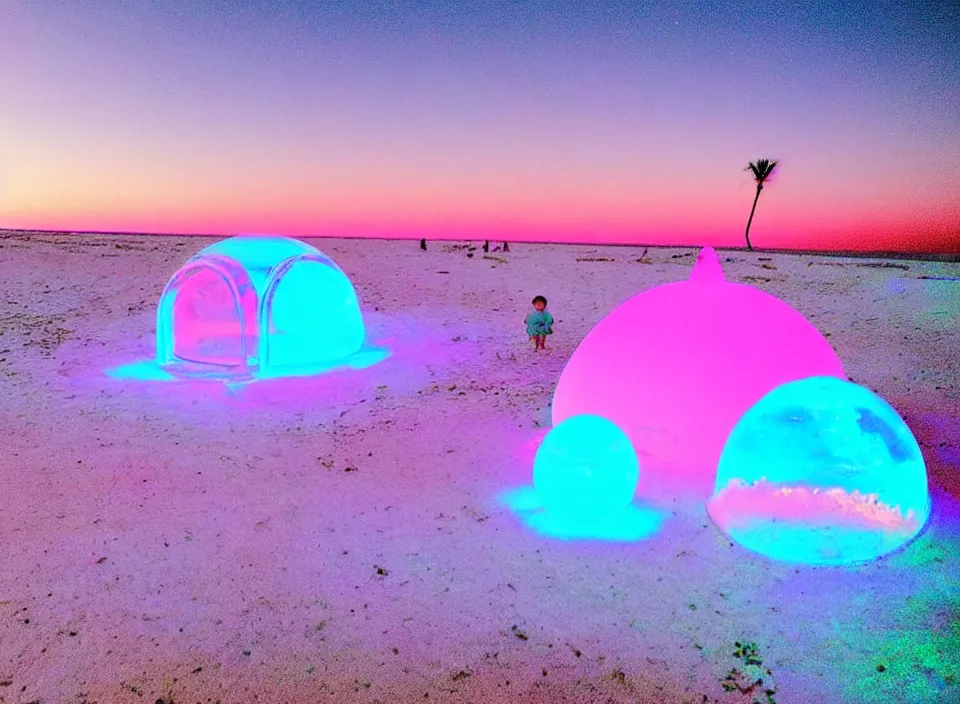 Image similar to a vintage family holiday photo of an empty beach from an alien dreamstate world with chalky pink iridescent!! sand, reflective lavender ocean water, dim bioluminescent plant life and an igloo shaped plastic transparent bell tent surrounded by holiday clutter opposite a pit with an iridescent blue flame flickering. refraction, volumetric, light.