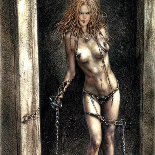 Prompt: nicole kidman chained to a wall in a dungeon, beautiful painting, by luis royo, beautiful detailed body and face