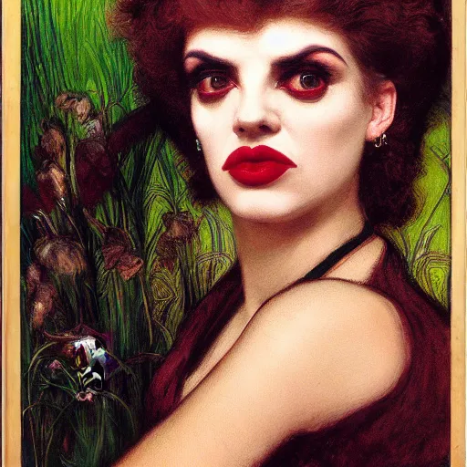 Image similar to portrait of a hybrid of judy garland and lady gaga, marfan syndrome, full lips, downward slanting eyes, with a brown fringe, holman hunt, john william waterhouse, kilian eng, rosetti, john everett millais, william holman hunt, 4 k