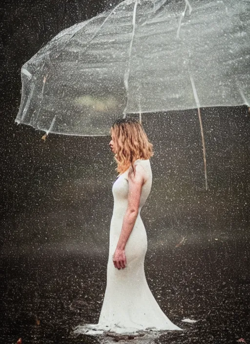 Prompt: symmetry!! a 2 8 mm macro photo of a woman in a formal gown standing in the rain, misty, morning, splash art, movie still, bokeh, canon 5 0 mm, cinematic lighting, dramatic, film, photography, golden hour, depth of field, award - winning, anamorphic lens flare, 8 k, hyper detailed, 3 5 mm film grain