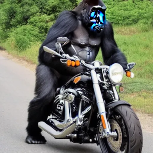 Image similar to gorilla on a Harley Davidson on the road, funny picture