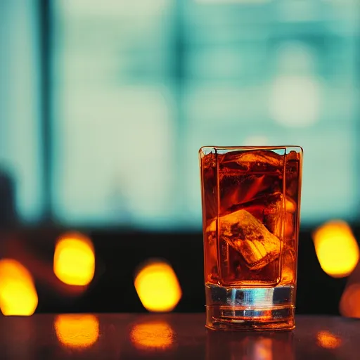 Prompt: cola with whisky in glass on a table and cat sits near, cyberpunk lights, macro photo