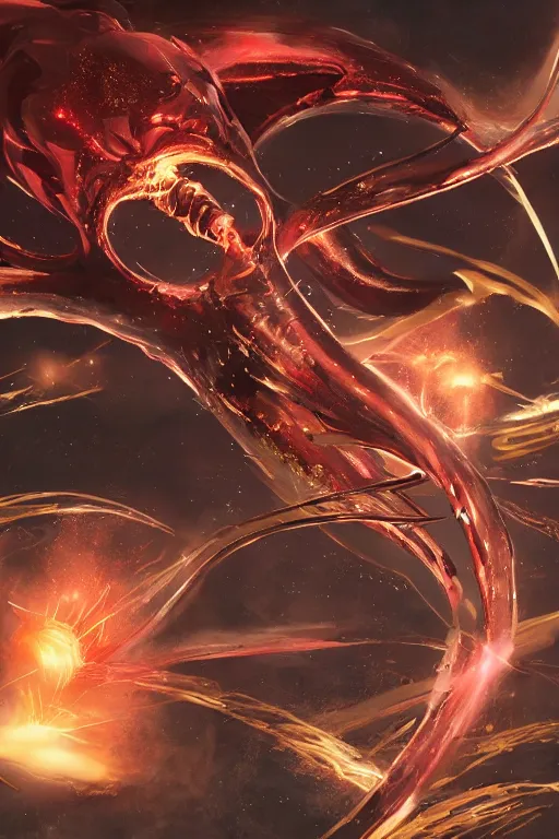 Prompt: Giant red space squid with golden sparks, black smoke, anime, cyberpunk, gothic, dark fantasy, art, 4k,