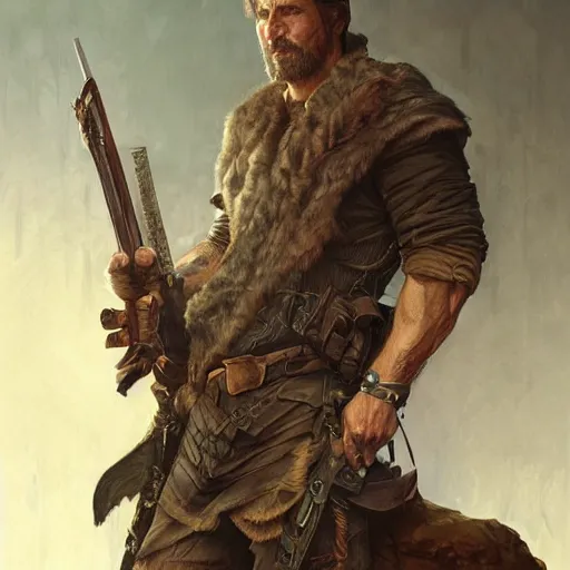 Image similar to a rugged male ranger, bleeding, D&D, fantasy, intricate, elegant, highly detailed, digital painting, artstation, concept art, smooth, sharp focus, illustration, art by artgerm and greg rutkowski and alphonse mucha