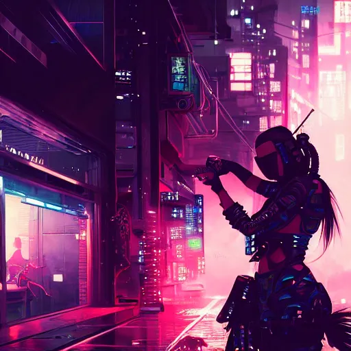 Prompt: candid action image of a fierce dangerous female cyberpunk hacker samurai in neotokyo at night, futuristic cyberpunk tokyo night, sci - fi and fantasy, intricate and very beautiful, highly detailed, digital painting, artstation, concept art, smooth and sharp focus, illustration, art by tian zi and wlop and alphonse mucha