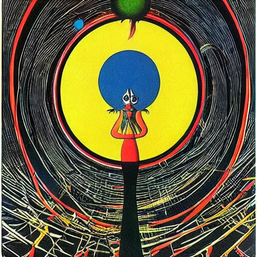 Image similar to empty black void, extremely detailed intricate colorful masterpiece by dr. seuss and max ernst