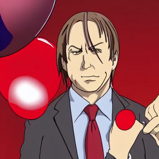 Image similar to saul goodman throwing dart at red ballon, still from anime