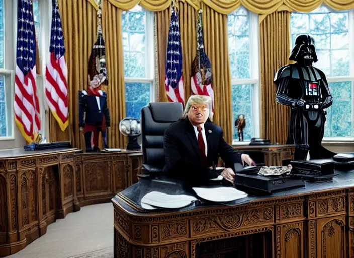 Prompt: film still of Darth Vader is president of the United States sitting in the Oval Office in the new Star Wars movie, 4k