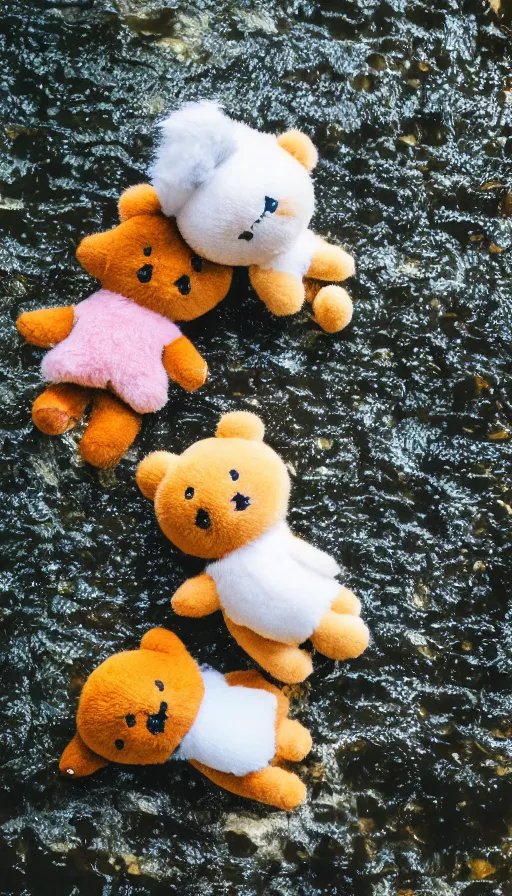 Image similar to 50mm f/2.3 wide shot photograph of two Rilakkuma plushies cuddling floating in midair after a long day, depth of field, dappled in evening light, like an Iwagumi Aquascape by Toshiko Mori, partially submerged hidden in the mist