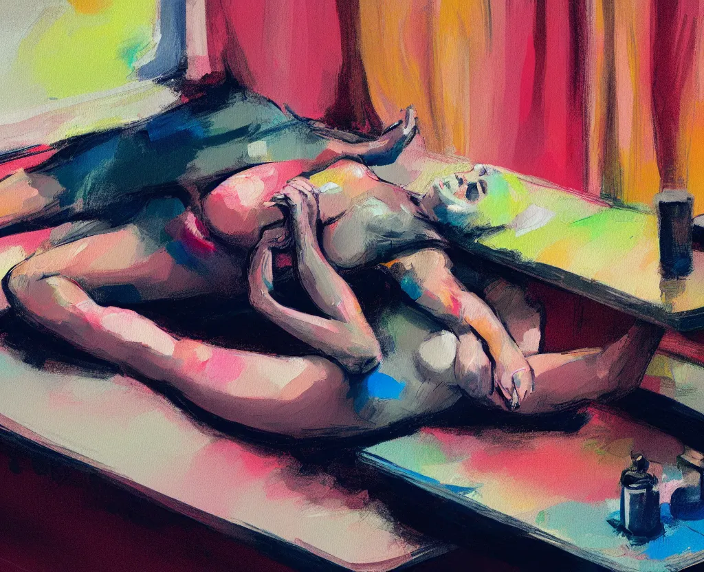 Image similar to a closeup view of painting of a woman laying on top of a table in a dark ambient, a light breeze is pushing away the curtains of a small window, a gouache by nathan oliveira and elaine de kooning, cgsociety, figurativism, dark surreal art, painterly, paint strokes, smudged paint, palette knife texture, digital illustration, artstation