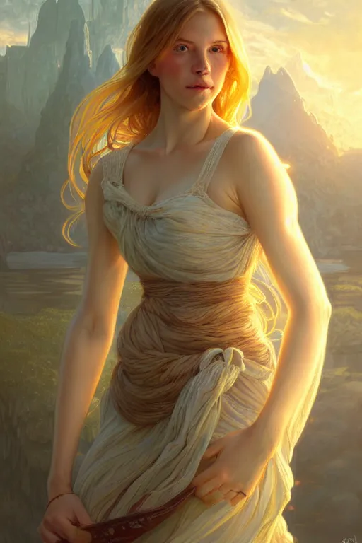 Image similar to clear portrait of a scandinavian attractive women, cottagecore!!, background hyper detailed, character concept, full body, dynamic pose, glowing lights!! intricate, elegant, highly detailed, digital painting, artstation, concept art, smooth, sharp focus, illustration, art by artgerm and greg rutkowski and alphonse mucha