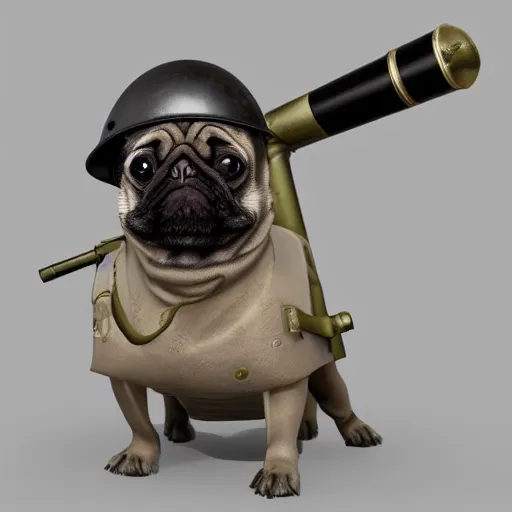 Prompt: high detailed soft 3 d render of a little pug dog with a first world war german helmet on his head, sitted on top of a bazooka, very detailed, 3 d, trending on artstation