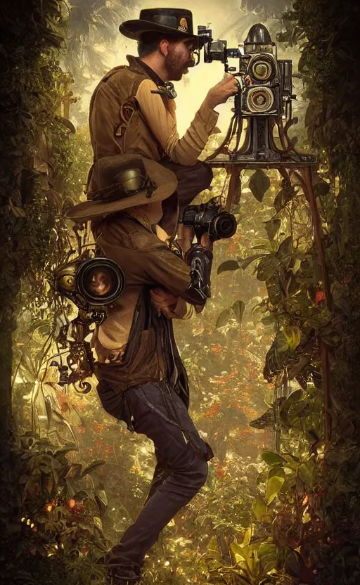 Image similar to hyper realistic male photographer looking through a vintage steampunk medium format camera, design on white background, beautiful details, lush foliage cyberpunk, gold, drawn by john singer sargent, tom bagshaw, norman rockwell, alphonso mucha, lolish, trending on artstation