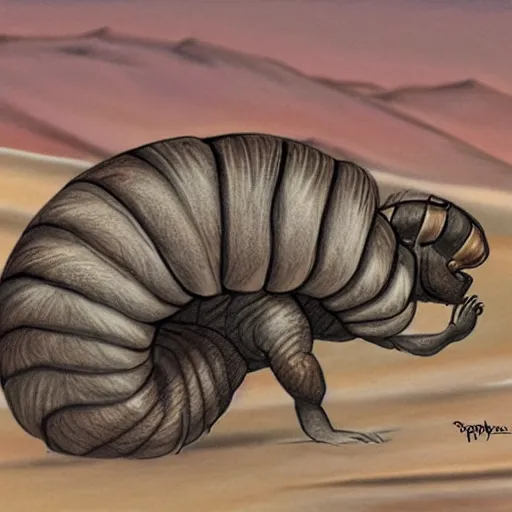 Prompt: fantasy drawing of a giant armadillio - like creature in the desert