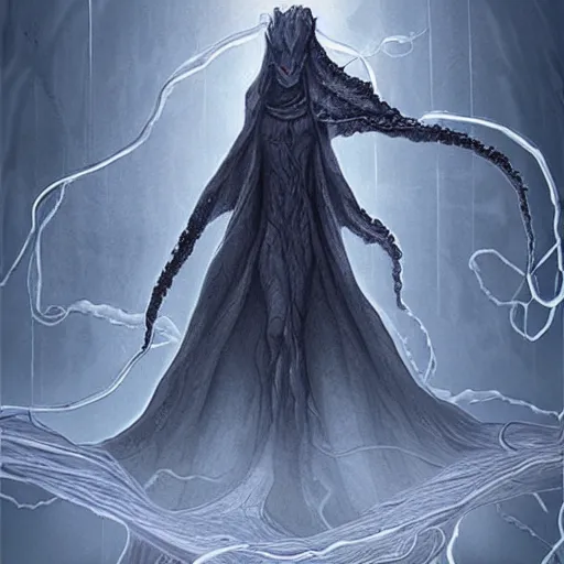 Image similar to concept designs for an ethereal wraith like figure with a squid like parasite latched onto its head and long tentacle arms that flow lazily but gracefully at its sides like a cloak while it floats around a forgotten kingdom in the snow searching for lost souls and that hides amongst the shadows in the trees, this character has hydrokinesis and electrokinesis for the resident evil village video game franchise with inspiration from the franchise Bloodborne and the mind flayer from stranger things on netflix