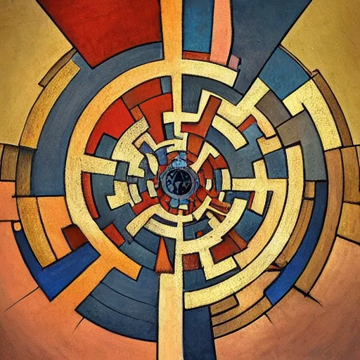 Image similar to maze labyrinth steampunk by albert gleizes and by hilma klint, hd, artstation, fluid colors