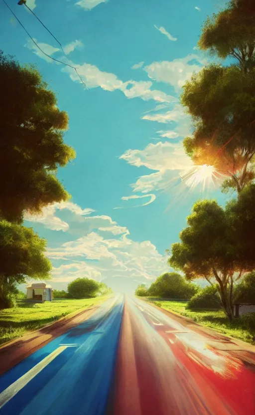 Image similar to paperback book cover. 1 9 5 0 s. pure colors, melting clouds, accurately drawn details, a sunburst above a receding road with the light reflected in furrows and ruts, after rain. photorealistic. octane render. cinematic. trending on artstation.