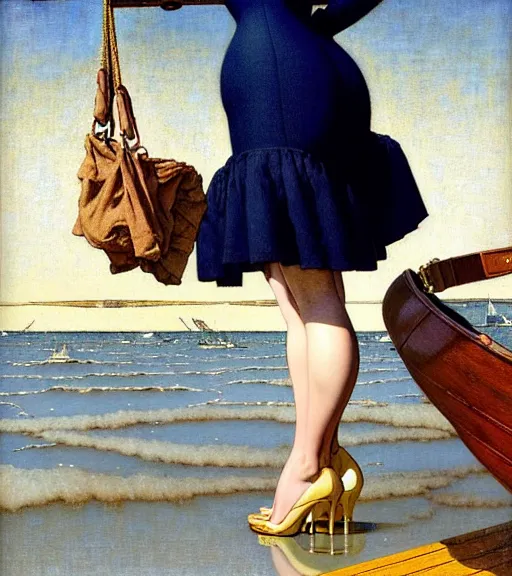 Image similar to a fancy beautiful plump young lady holding a purse standing on a wharf at the edge of the sea by brom and gil elvgren and jean delville and william blake and norman rockwell and michael whelan, crisp details, hyperrealism, high detail, high contrast, feminine features, stylish navy blue heels, gold chain belt, cream colored blouse