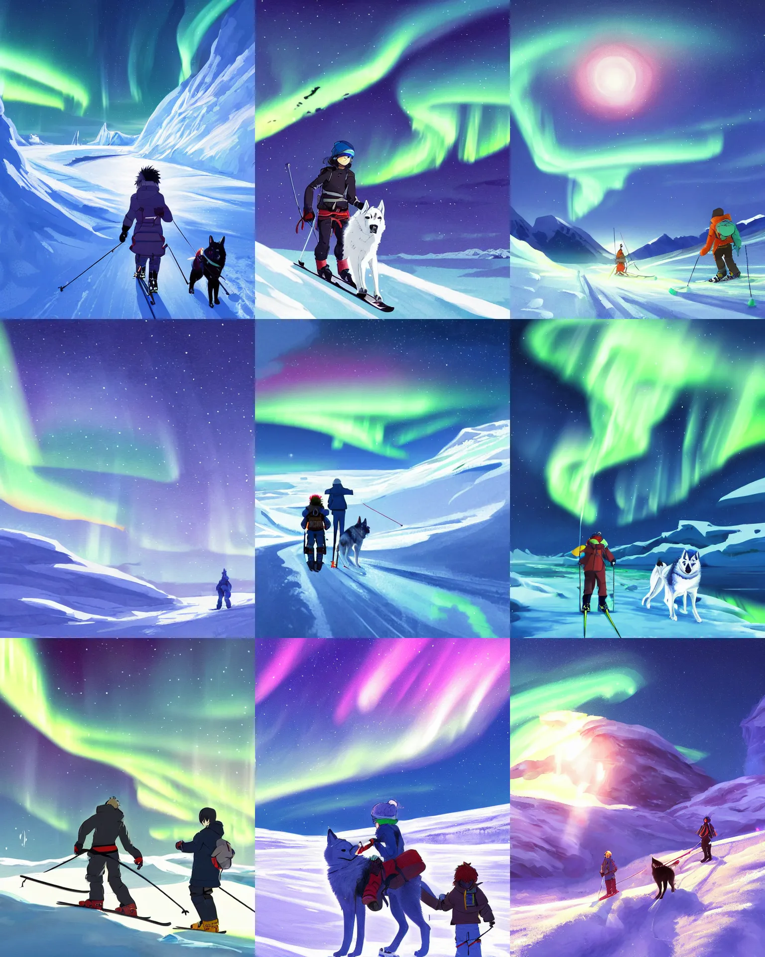 Prompt: anime painting of an adventurer exploring the arctic on skis with a husky, illuminated by the beautiful northern lights in the night sky above them by makoto shinkai, tranquil, trending on artstation, kimi no na wa