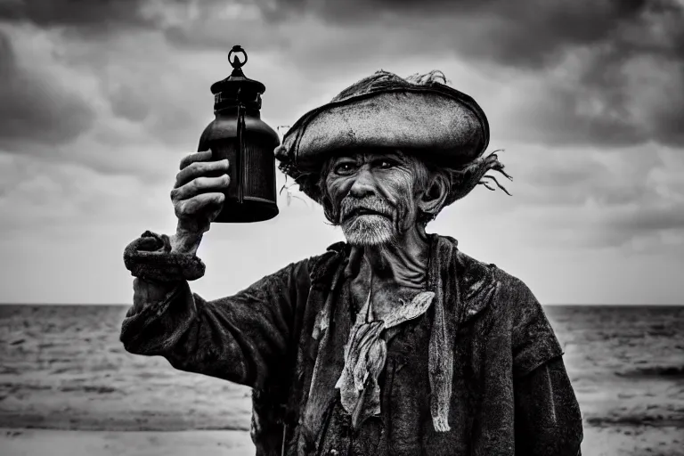 Image similar to closeup old man holding up a lantern on the beach in a pirate ship bay meet to a old wood shack by emmanuel lubezki