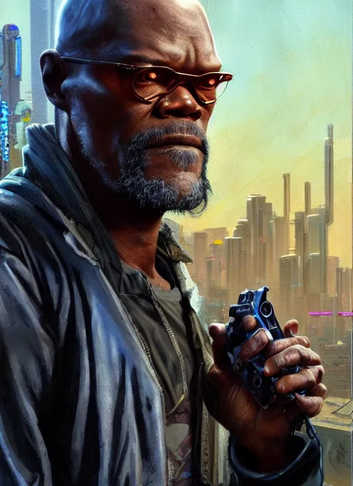 Prompt: portrait of Samuel L Jackson as a homeless character in Cyberpunk 2077, looking at camera, intricate, dystopian, sci-fi, extremely detailed, digital painting, artstation, concept art, smooth, sharp focus, illustration, intimidating lighting, incredible art by artgerm and greg rutkowski and alphonse mucha and simon stalenhag