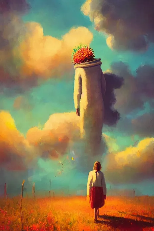 Image similar to giant corn flower head, girl walking on the moon, surreal photography, sunrise, dramatic light, impressionist painting, colorful clouds, digital painting, artstation, simon stalenhag