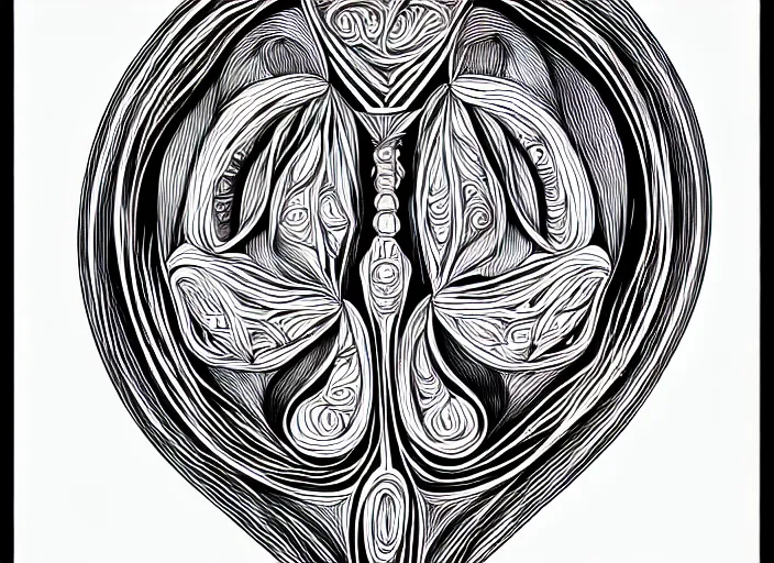 Image similar to symmetry! human fetus, intricate, filligran, elegant, highly detailed, concept art, smooth, sharp focus, lineart, illustration, shadows, penned with black on white, 8 k