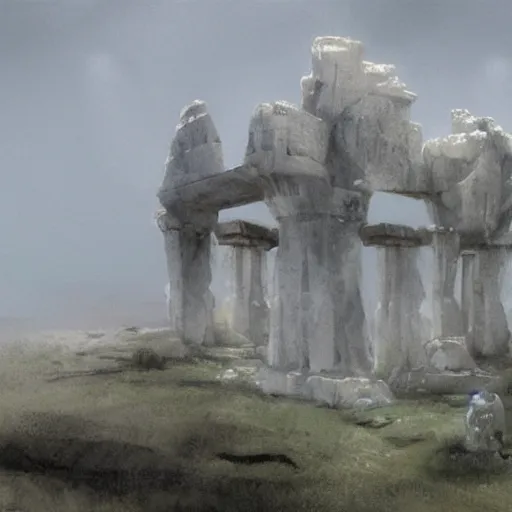 Image similar to concept art by craig mullins of a small, white marble cliff in a meditereanian landscape, with stone henge on top