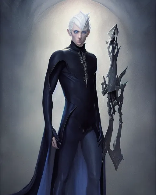 Image similar to character portrait of a slender young white haired half elven man with piercing blue eyes and pale bluish skin, wearing smooth sleek pearlescent black wraithbone armor, by greg rutkowski and mark brookes and jim burns and tom bagshaw and magali villeneuve, trending on artstation